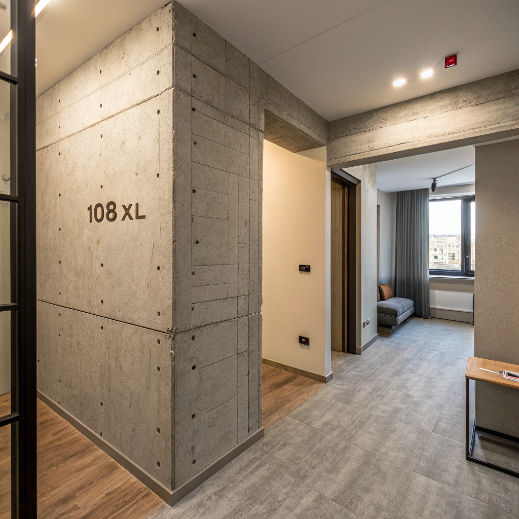 AI generated image by Red Panda AI: Room in an apartment with 108XL concrete slabs on the wall.