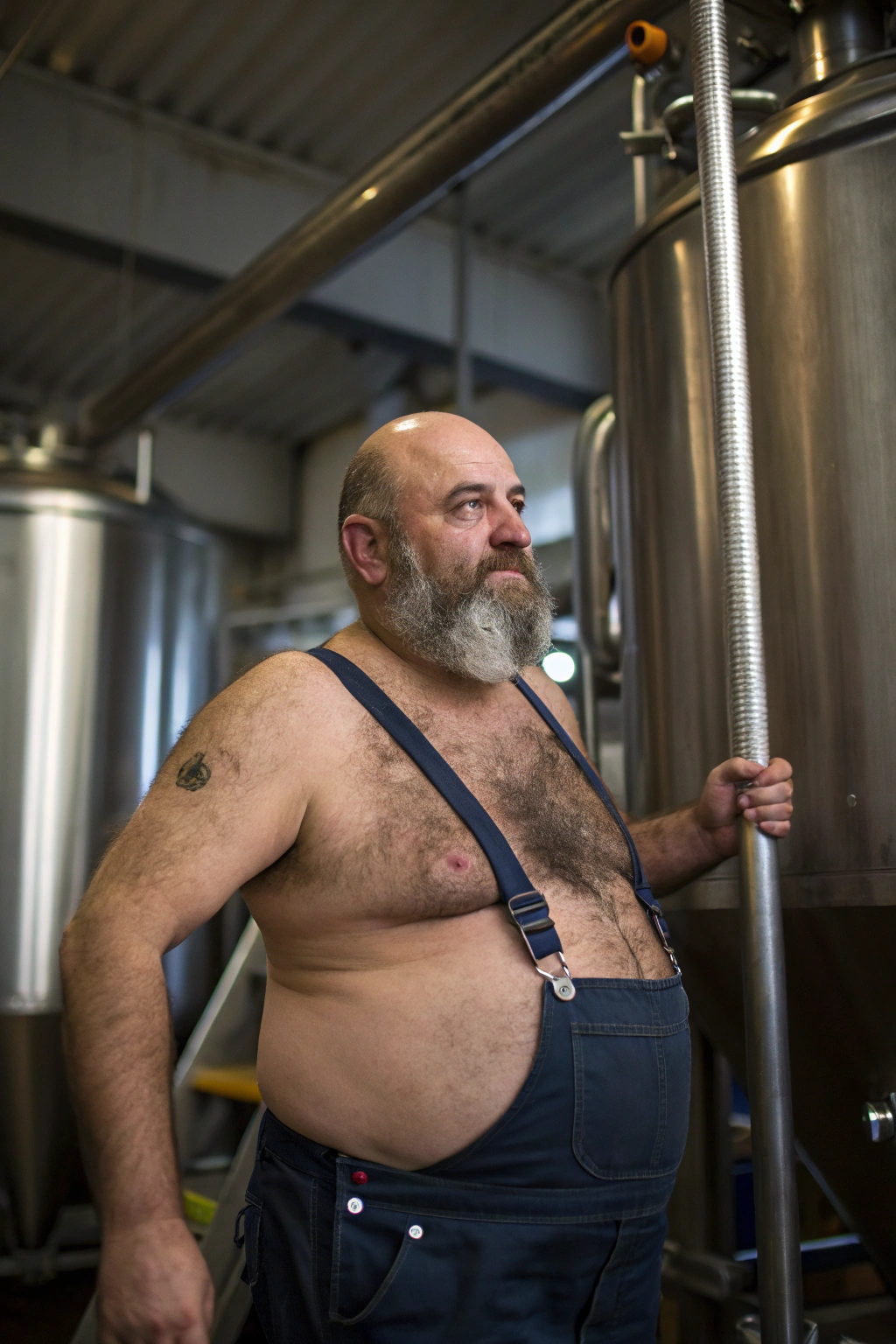 AI generated image by Red Panda AI: a 50 year old hirsute man at the brewery making beer. Man has heavy amount of body hair, hairy chest pattern, bloated hairy belly, bald head, white and brown goatee