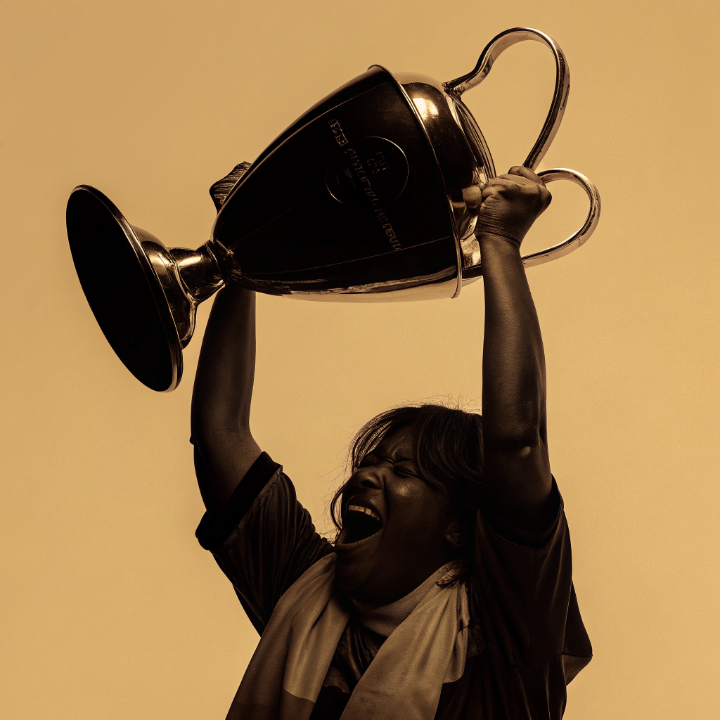 AI generated image by Red Panda AI: mujer levantandooslos la copa de la champios con el valencia cf