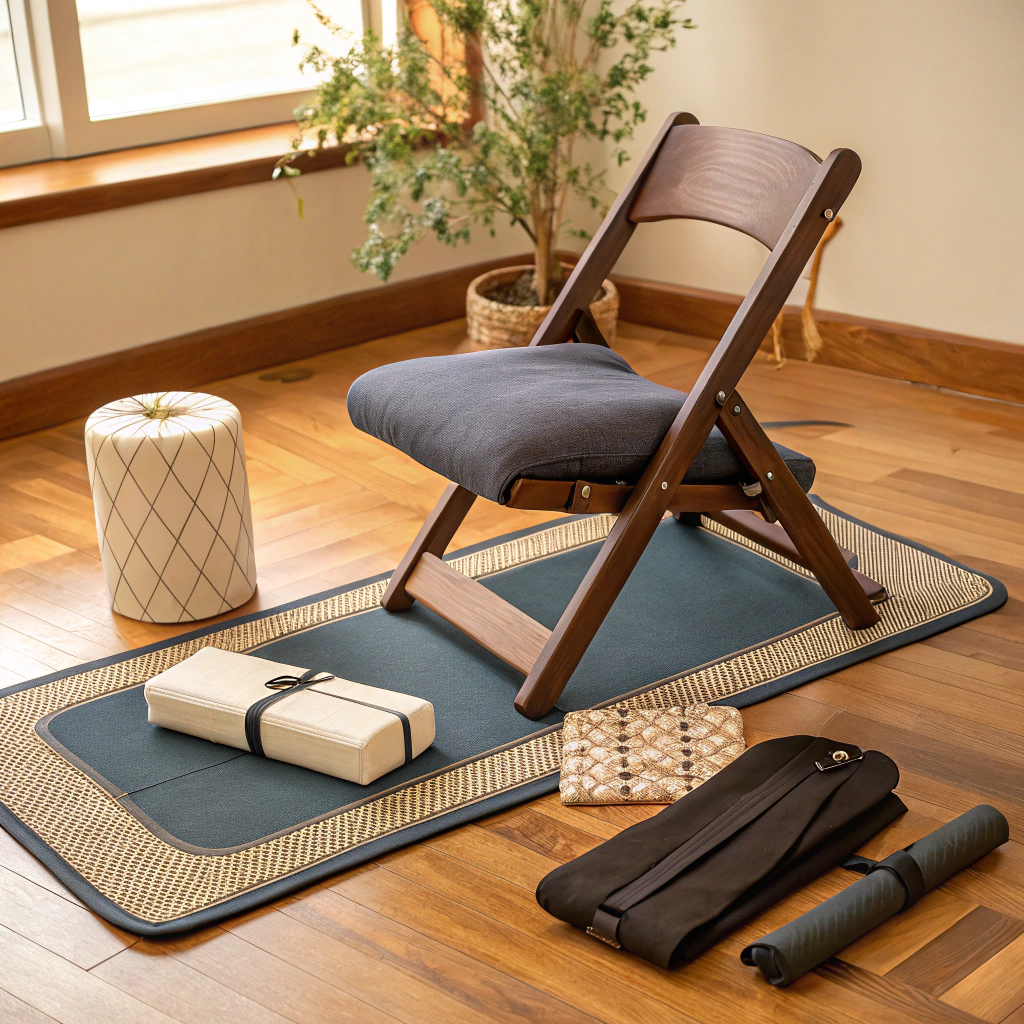 AI generated image by Red Panda AI: Accessoires de yoga avec tapis, chaise, 2 briques, 2 straps, 3 bolsters
dans une ambiance calme et sereine et chaude
La chaise doit etre l'élément principale, ca doit etre une chaise pour le yoga sur chaise