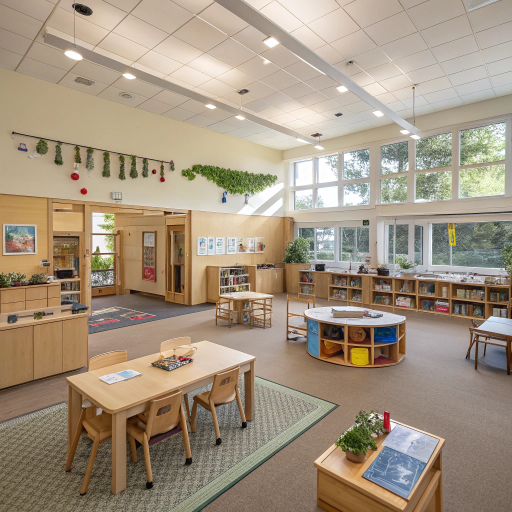 AI generated image by Red Panda AI: Un aula amplia y luminosa que equilibra concentración y movimiento. El espacio se organiza con fluidez, invitando a la exploración y al aprendizaje activo. Las mesas se distribuyen en pequeños grupos informales por el aula, permitiendo que los niños trabajen en comunidad mientras mantienen su autonomía. La circulación es orgánica para el desplazamiento en una experiencia lúdica. Los muros en tonos cálidos propios de un ambiente acogedor y estimulante. Áreas de lectura y descanso se integran naturalmente en el perímetro, ofreciendo espacios más íntimos sin interrumpir la amplitud visual del conjunto.
La atmósfera general es acogedora y dinámica, un lugar donde conviven el juego, la concentración y el encuentro. El espacio invita a los niños a moverse con libertad, compartir, aprender y expresarse en un entorno que respeta su escala y alimenta su imaginación. EL AULA NO DEBE SER NI CUADRADA NI CIRCULAR, ALGO ORGANICO