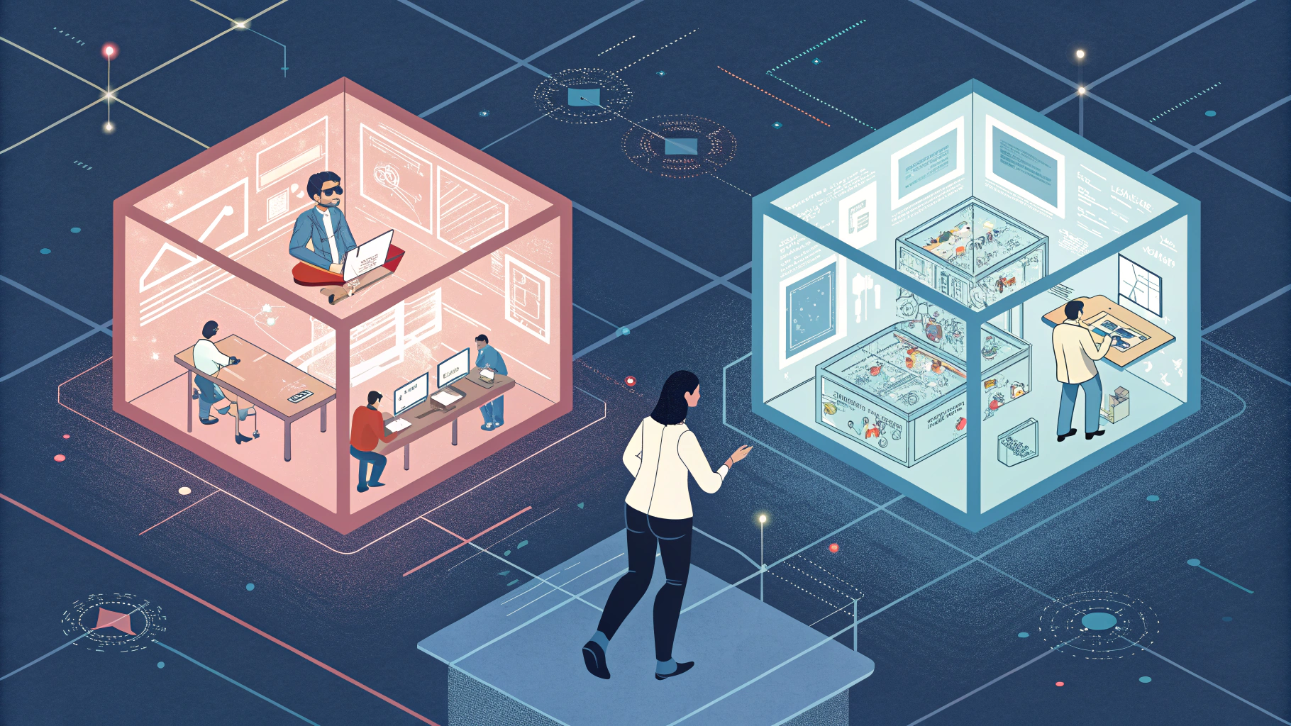 AI generated image by Red Panda AI: Ultra-detailed isometric illustration of three floating crystal cubes in a futuristic void. First cube shows a person watching replays with data flowing out, second cube shows real-time analysis with multiple people contributing simultaneously, third cube radiates with AI connections. Ray-traced lighting, cyberpunk color palette, shallow depth of field. Style of Beeple meets technical illustration.