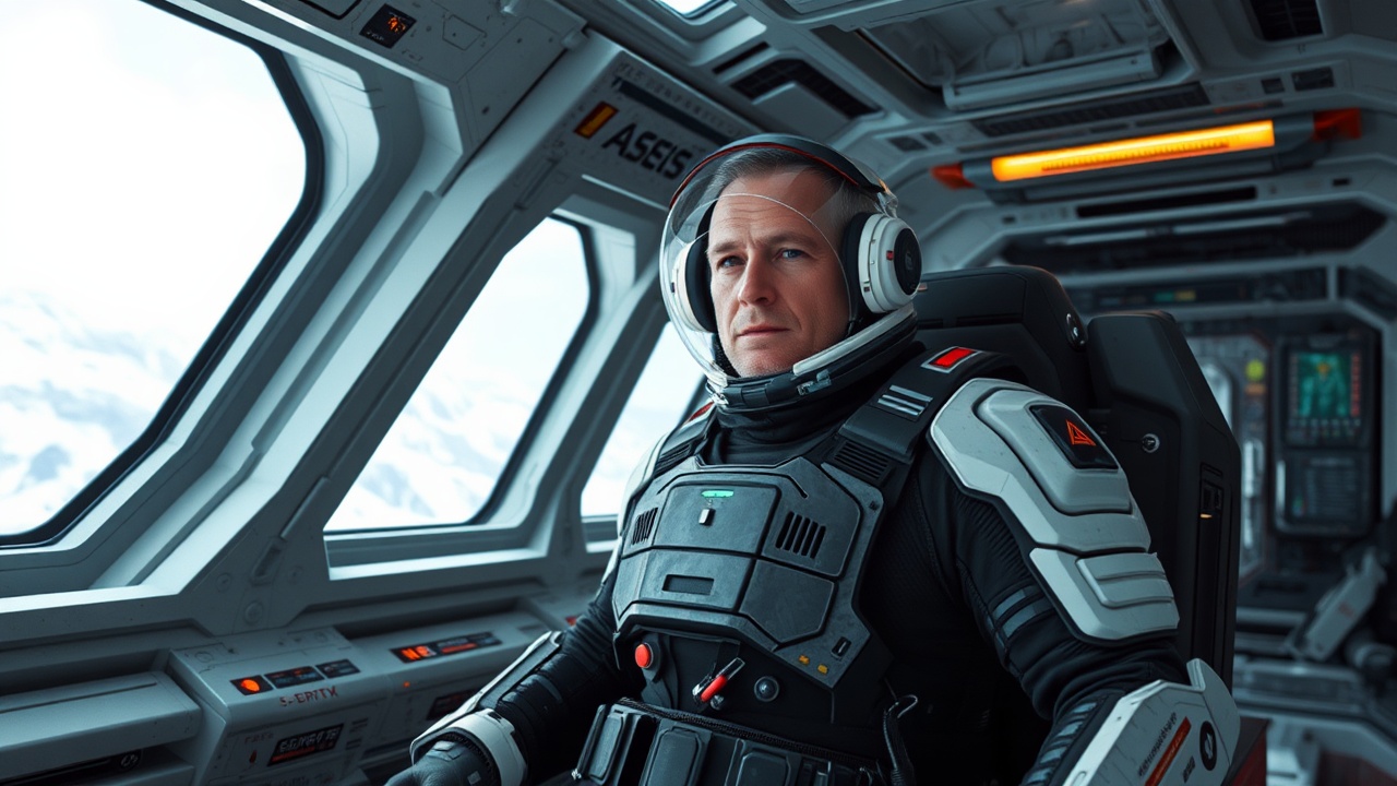 AI generated image by FLUX.1-schnell: A man wearing a exosuit inside a battleship