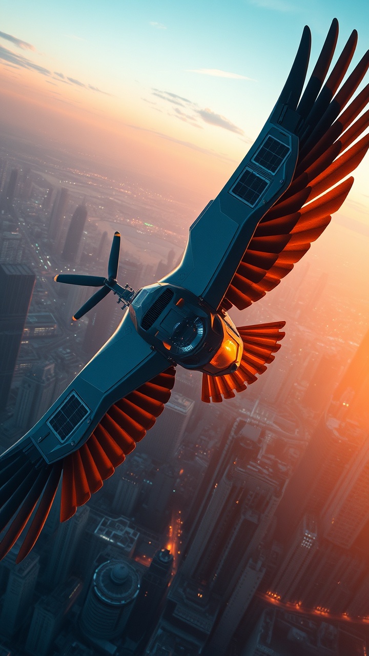 AI generated image by FLUX.1-schnell: powerful drone-eagle, its metallic wings gleaming with solar panels and propulsion jets, soaring effortlessly over a towering futuristic cityscape at dawn. Its advanced optical sensors are scanning the urban sprawl below. High-definition, futuristic aerial shot."