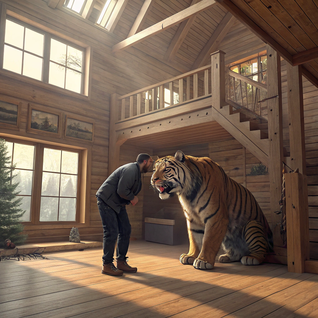 AI generated image by Red Panda AI: A large, cozy wooden chalet with warm daylight filling the space, focusing on a scene that takes up no more than 40% of the image. In the main central room, an adult man is bending over to embrace a full-grown tiger, standing on its four paws. The tiger has an aggressive expression, with a fierce look in its eyes, yet appears vulnerable at the same time. The tiger is slightly smaller in height than the man. The rest of the image showcases the rustic chalet's decor: a wide wooden staircase leading up to an upper floor that surrounds the central space, wooden beams, and windows letting in natural light. The scene takes place on the wooden floor, allowing appreciation of both the emotional moment and the spacious, warm setting