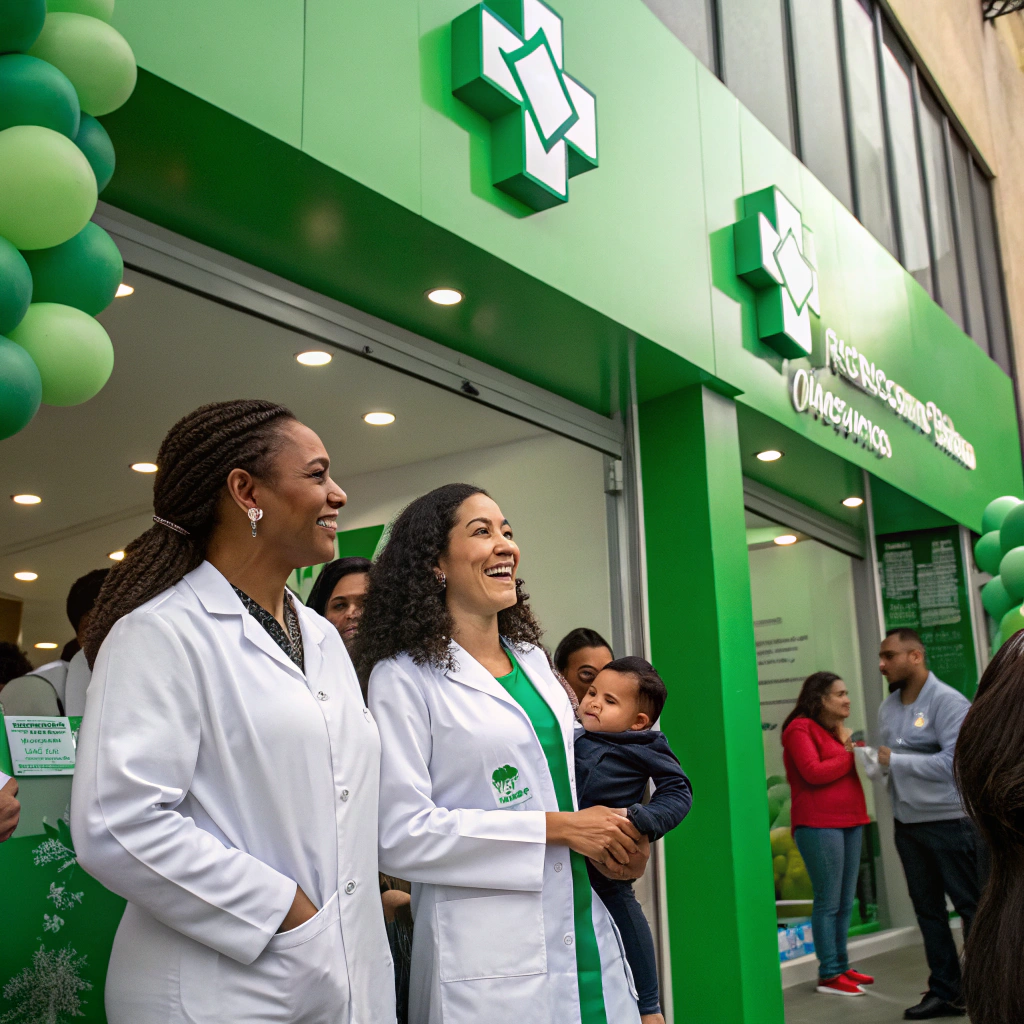 AI generated image by Red Panda AI: Por favor crea una campaña publicitaria invitando a la inauguración de un nuevo punto de Droguerías Cruz Verde en Bogotá, debe predominar el color verde, quiero personas latinas con bata blanca y una mujer con un bebe moreno de brazos