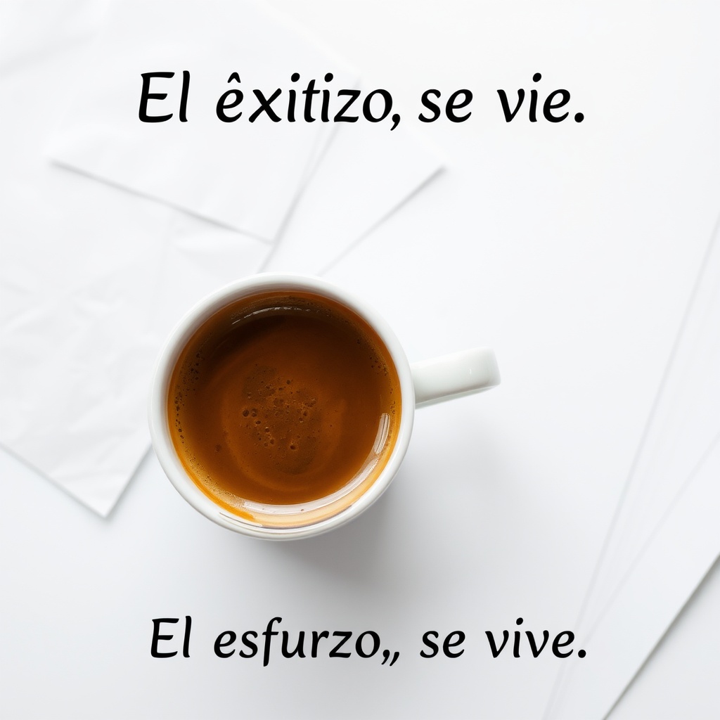 AI generated image by FLUX.1-schnell: Imagen: Una taza de café humeante sobre una pila de papers.
Texto:
"El éxito se ve. El esfuerzo, se vive."