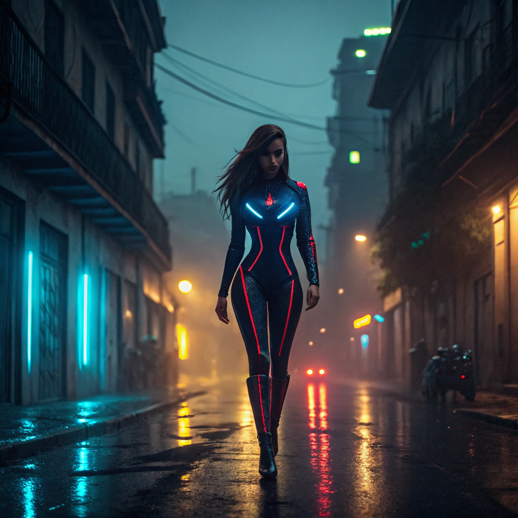 AI generated image by Red Panda AI: Mujer preciosa marciana, con un cuerpo fenomenal, que predominen hermosas curvas creando una cintura perfecta, de pelo largo con un aspecto digital,con traje futurista con luces de neón azules, rojas y amarillas caminando en plena noche por las calles de la Habana Vieja. Dale un ambiente medio en ruinas a la ciudad con luces pobres, una fina llovizna con viento y algo de neblina creando un ambiente de terror. Resalta la imagen con una buena calidad entre luces y sombras creando un ambiente hiper realista. La imagen debe tener una alta calidad como si fuera captada por camaras ultra poderosas de extraterrestres