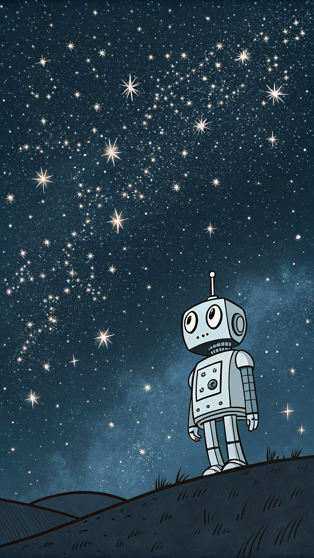 AI generated image by Red Panda AI: robot minimalista en una constelacion con muchas estrellas