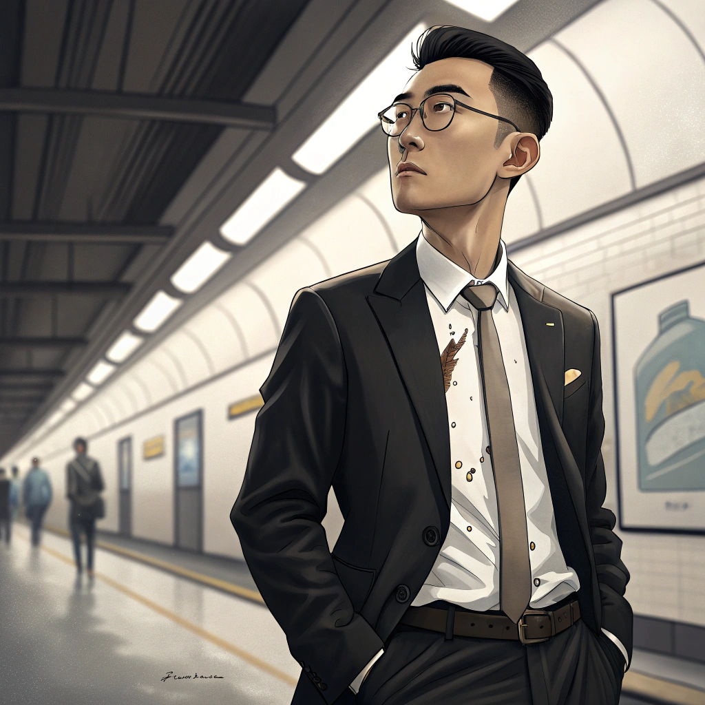 AI generated image by Red Panda AI: mysterious beauty,high and cold , elegant , handsome, Asian man in black suit,Thirty-seven short hair, gold-rimmed glasses, white shirt, tie, Put your hands in your pockets,A large coffee stain on his chest,Frontal display, Look into the camera, In the background is a clean and bright subway station, Animation style, high detail,8K resolution,