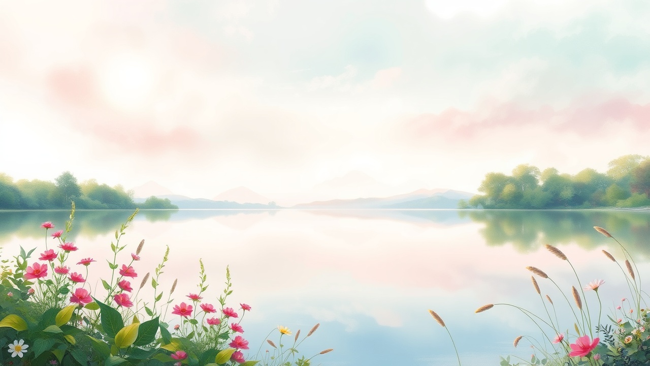 AI generated image by FLUX.1-schnell: "A serene lakeside landscape in soft, delicate watercolor hues – pink, white, light blue, light green, soft yellow – with gentle, feathery brushstrokes reminiscent of Turner’s dreamy light. The tranquil atmosphere is evoked through the subtle, gradient colors of the sky, which shine resplendently in rings of soft pink, baby blue, and mint green, perfectly reflected off the glassy surface of the lake. The surrounding vegetation is hyper-detailed, with intricately rendered flowering plants, lush greenery, and delicate, swaying reeds – all with a tendency toward a sense of effortless natural beauty, as seen in the works of top Artstation landscape artists such as Simon Stalenhag and Loish. "