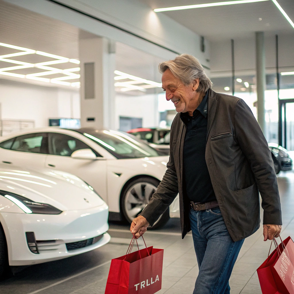 AI generated image by Red Panda AI: Casual pic of alain delon shopping for a tesla dealer ship .IMG_1025.HEIC