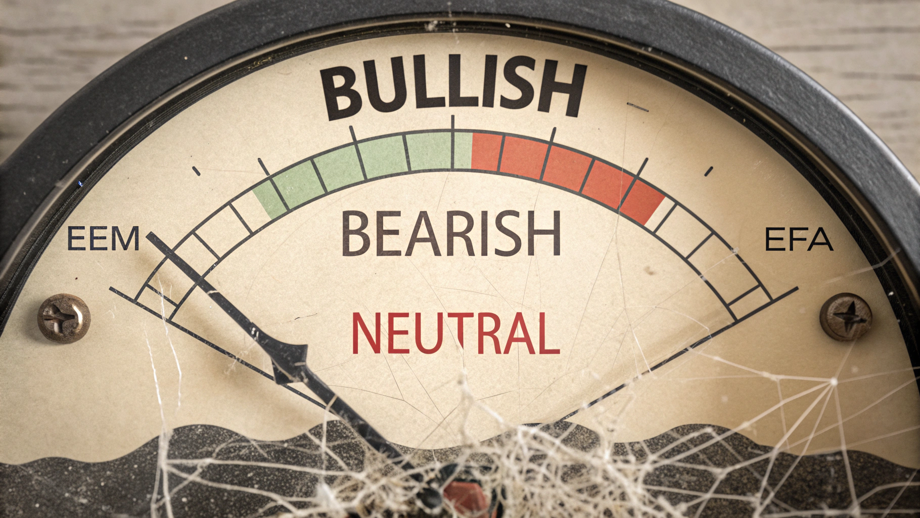 AI generated image by Red Panda AI: A dramatic illustration showing a vintage market sentiment gauge with a needle that has violently broken through its maximum reading. The gauge would be labeled from "Bearish" through "Neutral" to "Bullish," but the needle has smashed through the "Bullish" end of the scale, shattering the glass and continuing beyond the gauge's design limits.
In the background, subtle chart patterns of the SPY and QQQ would be visible, showing their upward trajectories, while smaller gauges representing international markets (EEM, EFA) remain in the neutral zone. The glass fragments from the broken gauge would be scattering across these charts.