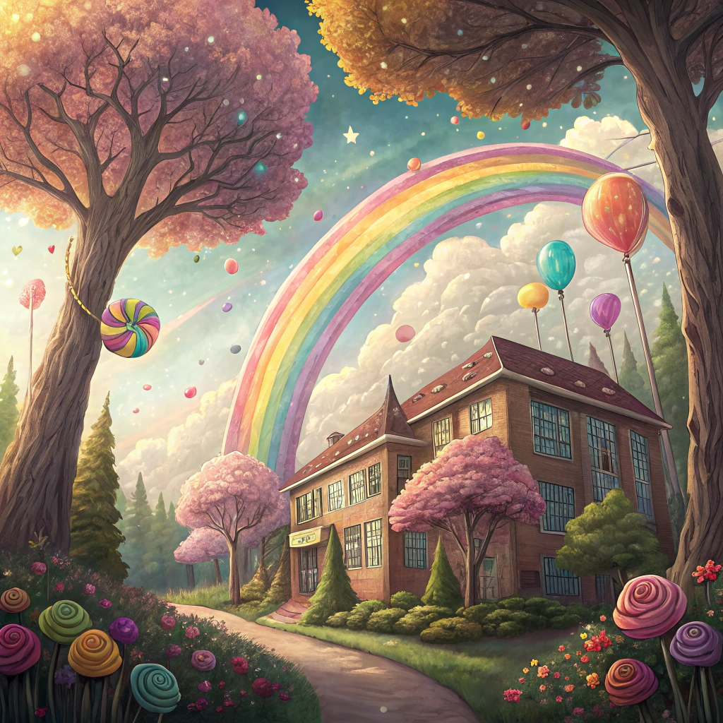 AI generated image by Red Panda AI: arcoíris gigante que sale del tejado del colegio y llega hasta las nubes. T árboles con caramelos colgando y flores que cantaban.