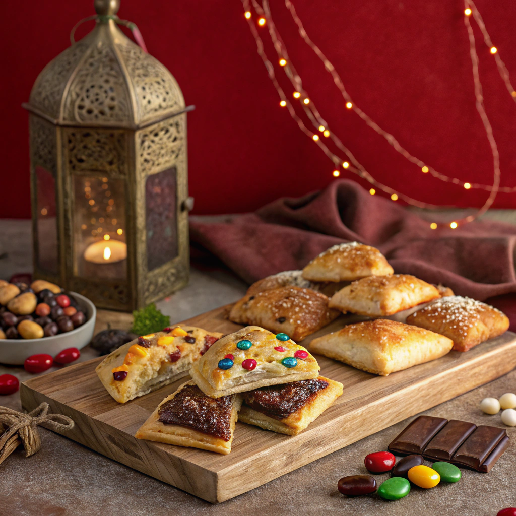AI generated image by Red Panda AI: A wide-angle view of a variety of esfirhas, including meat, chicken, cheese, and chocolate with MM's, artfully arranged on a rustic wooden board with varied angles to showcase their textures. The scene is set on a table with a deep red background, enriched by Arabic decor elements such as a Moroccan-style lamp to create an inviting, culturally resonant visual. Soft, warm lighting with golden tones accentuates the details of each esfiha, adding a subtle, appealing glow. Photographed using a Sony A7R IV and a 24-70mm f/2.8 lens, the focus is on the board, capturing the texture and fillings of each flavor in an appetizing and harmonious display.