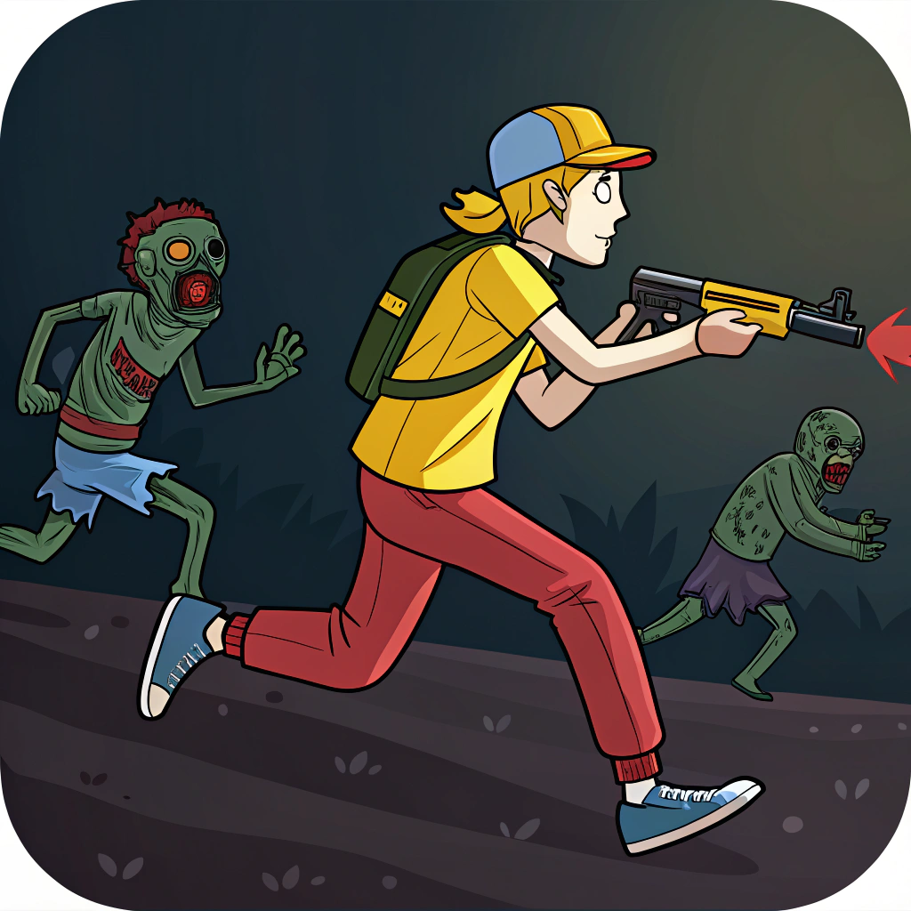AI generated image by FLUX.1-schnell: A bright Roblox icon of a person running from zombies with a gun in hand