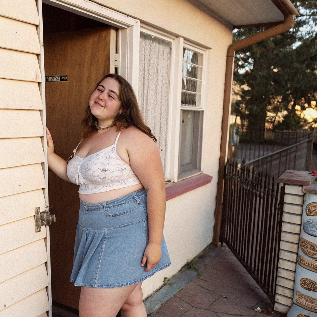 AI generated image by Red Panda AI: girl next door, 18 years old, overweight, amazing looking, nice 48 DD breasts, casual pose, polaroid style