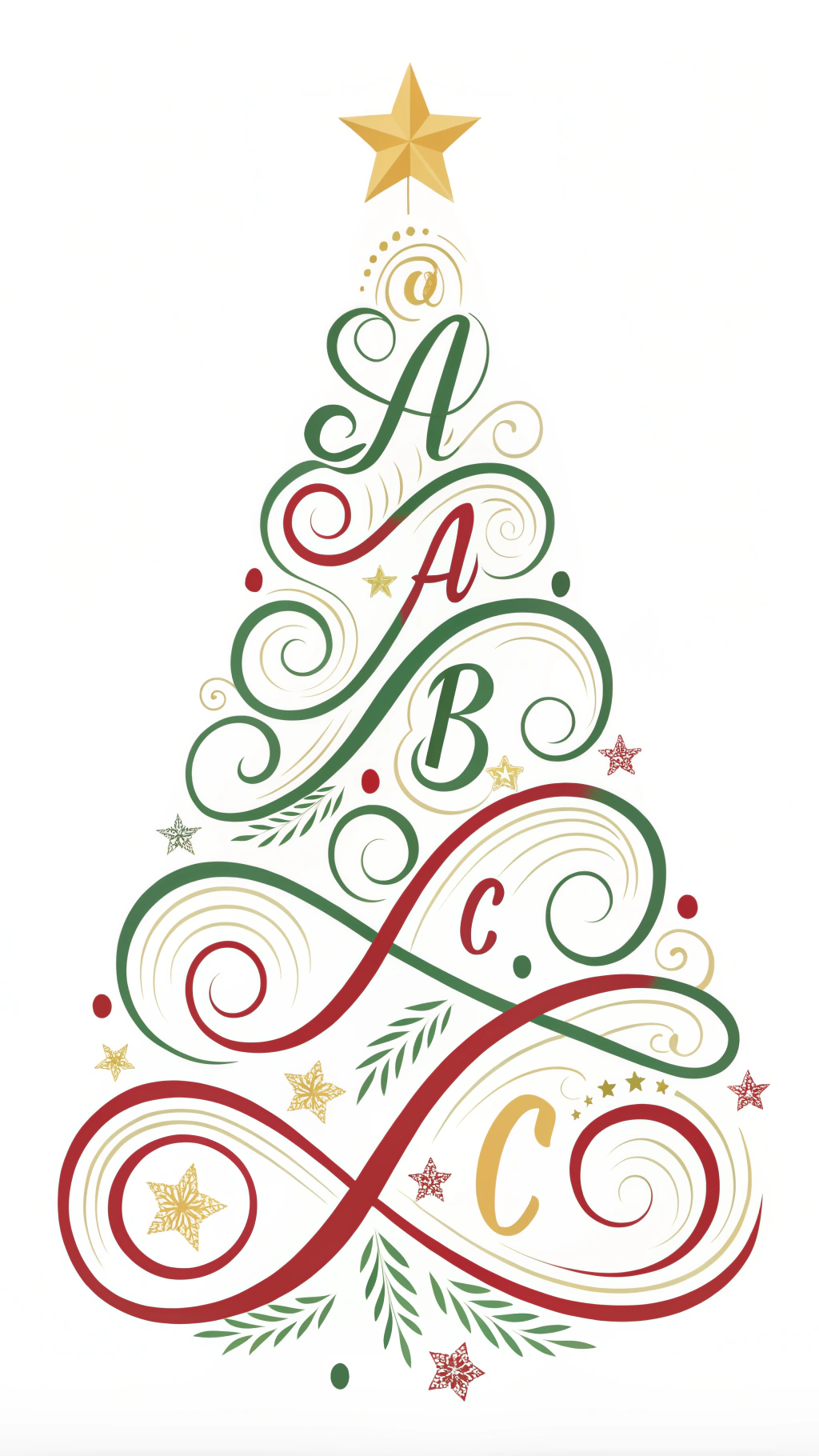 AI generated image by Red Panda AI: An elegant minimalist Christmas tree composed entirely of intricately arranged, stylized capital letters A, B, C, D in festive red, green, and gold hues, forming a graceful tree silhouette. A simple golden star tops the tree. The design has a smooth, organic, swirling pattern reminiscent of abstract calligraphy, on a clean white background. No additional text.