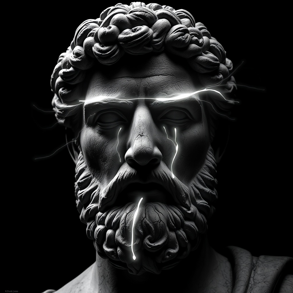 AI generated image by FLUX.1-schnell: The image portrays a striking depiction of a historical stone-carved bust of a man, reminiscent of classical representations such as Marcus Aurelius. The figure is rendered entirely in monochromatic black and white tones, emphasizing the texture of the chiseled stone with its fine cracks, weathered grooves, and intricate details.
The man’s facial features exude an aura of dignity and contemplation: a pronounced chin, voluminous, curly hair, and a dense, meticulously carved beard. However, the most captivating feature is his eyes. Instead of lifeless stone, they emit a dazzling, otherworldly white light.
This light appears to flow like liquid, slowly spilling from the eyes and tracing delicate, almost organic paths down the statue’s face. These glowing streams seem to leave faint trails, as if the light itself is transforming or "animating" the stone. The radiant lines stand in sharp contrast to the deep shadows carved into the crevices and folds of the face, accentuating the sculpture’s dramatic contours.
The overall atmosphere of the image is mystical and timeless, as if the man—symbolizing wisdom and power—has emerged from eternity to convey a profound message. The stark black-and-white palette adds a sense of gravity and symbolism, while the flowing light from the eyes imbues the image with a surreal, almost divine quality.