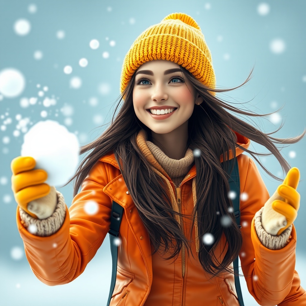 AI generated image by FLUX.1-schnell: waitgoo, a digital CGI artwork depicting a 20-year-old woman in a winter dress having a snowball fight with a smile on her face and fair skin, long brown hair, wearing a yellow hat and gloves, and long hair fluttering in the wind. She wore an orange leather jacket with a hooded sweatshirt underneath and a happy expression. happy