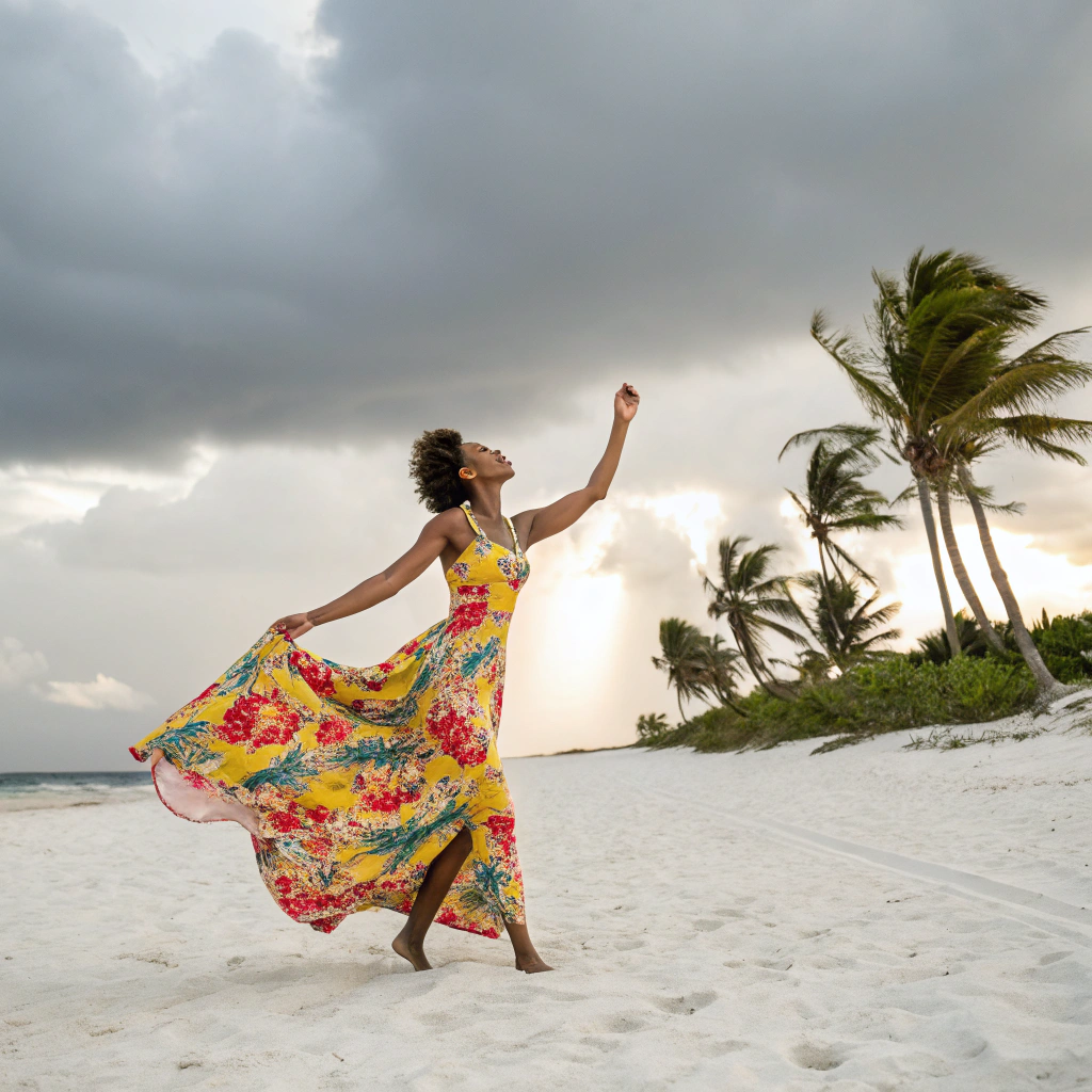 AI generated image by Red Panda AI: mulata bailando en la playa