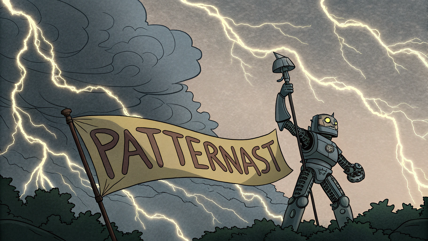 AI generated image by Red Panda AI: a storm cloud is gathering, a robot holds a flag that says "PatternCast" stands in the middle holding back the storm, amazing flag says "PatternCast" text, electric, epic flag reads "PatternCast" text, cartoon style of frank frazetta