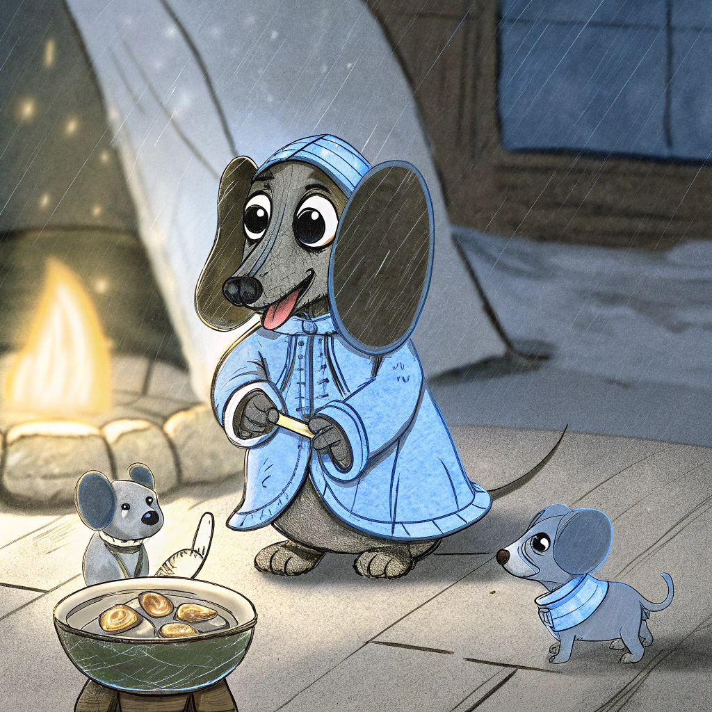 AI generated image by Red Panda AI: create a dachshund with big ears and a raincoat and a small mouse sitting on its back eating a bowl of tortellini next to cute mice with big eyes sitting next to a campfire