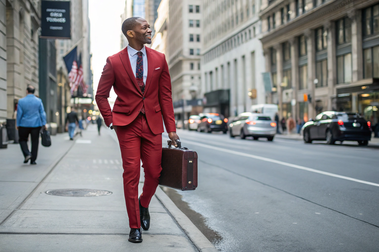 AI generated image by Red Panda AI: Businessman in the red suit walking down the street