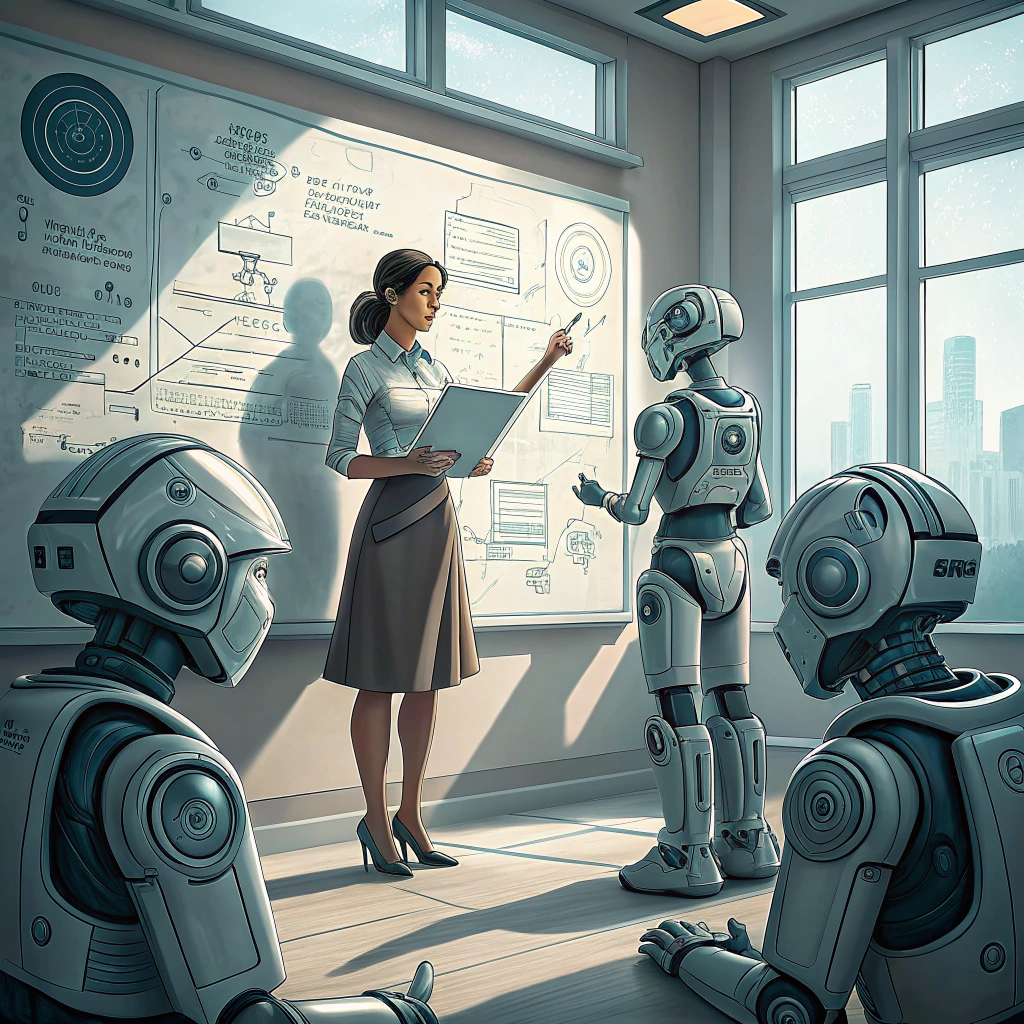 AI generated image by Red Panda AI: una maestra enseña a los robots