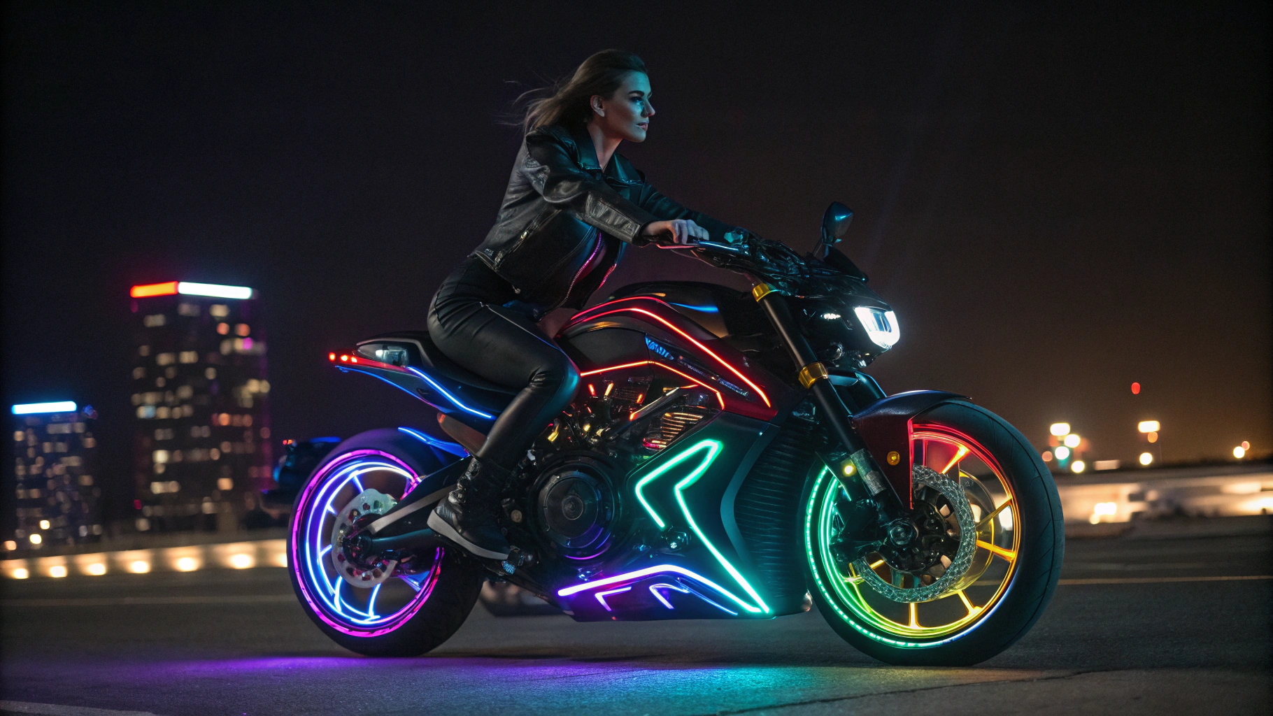 AI generated image by Red Panda AI: draw a super futuristic motorcycle with a techno feel, colorful neon lights, riding a beautiful woman.