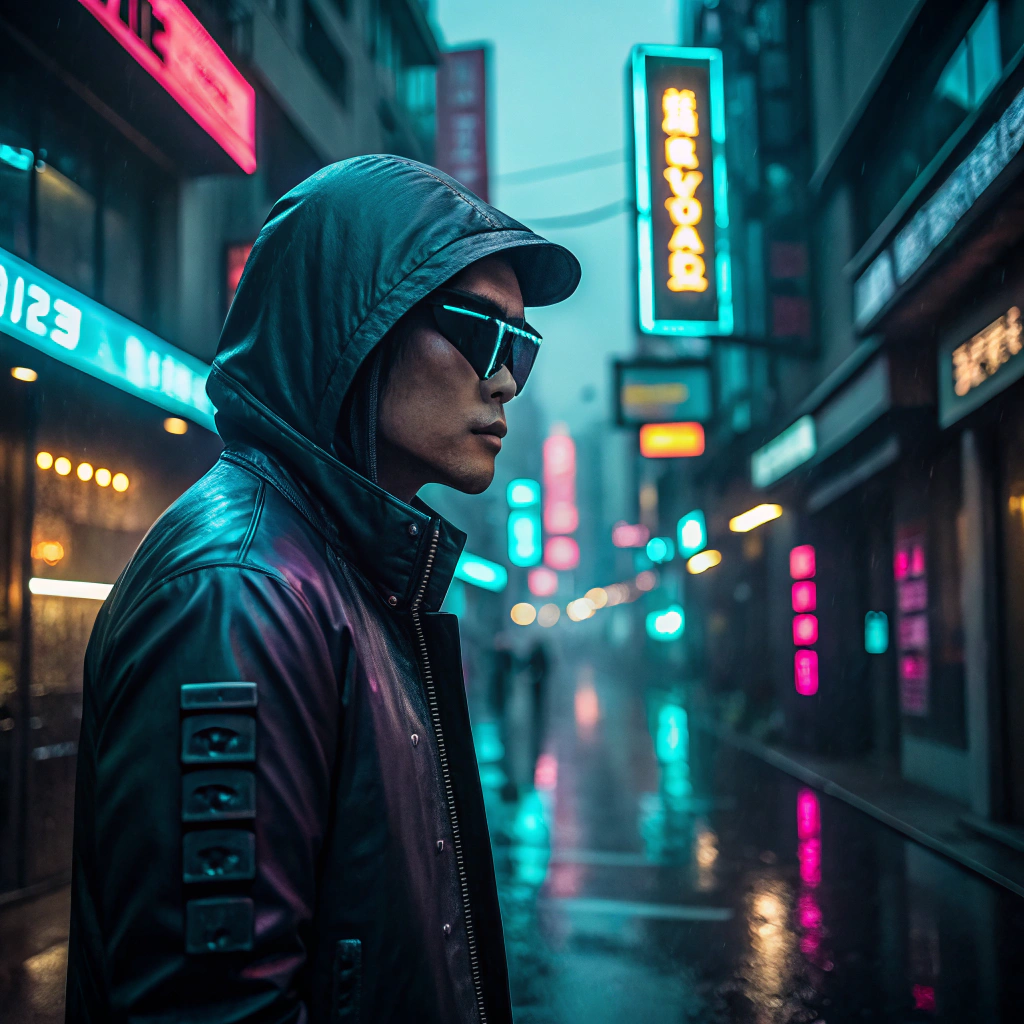 AI generated image by FLUX.1-schnell: Photograph of a neon-lit cyberpunk alley, filled with holographic advertisements, our protagonist a japonese man with hooded sweat and black sunglasses style satoshi nakamoto in a sleek leather jacket is patrolling with a scanner, sharply observant eyes reflecting neon lights, rain-soaked pavement, futuristic tech wristband, LED display on the visor, thin scar running down the temple, high-resolution cinematic quality, captured with a Sony Alpha camera.