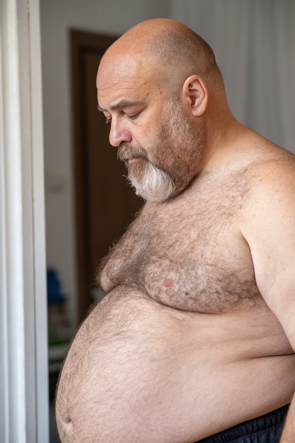 AI generated image by Red Panda AI: a studio shot of a bulky and slightly overweight 50 year old hirsute dad looking at his belly. Man has heavy amount of body hair, hairy chest pattern, expanding his bloated heavy bearded-belly, bald head, brown and white beard