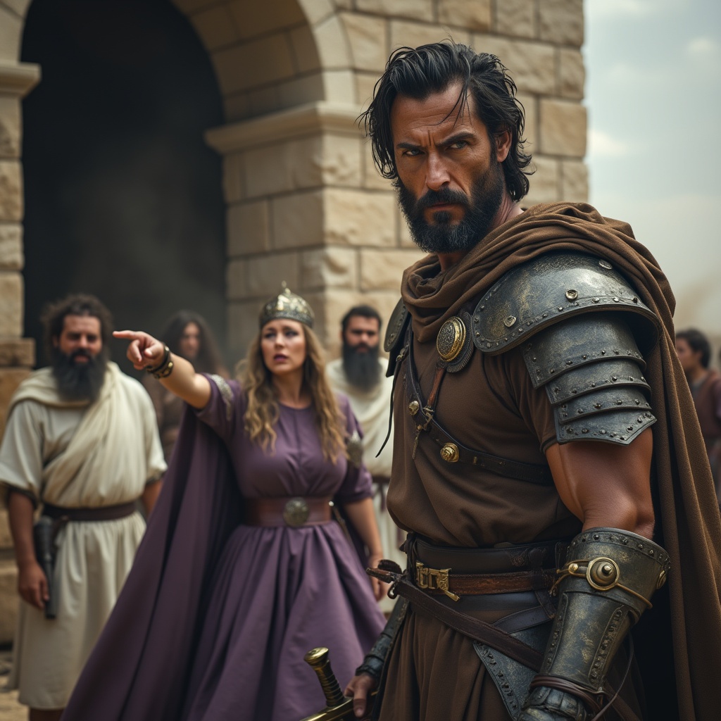 AI generated image by FLUX.1-pro: "Ultra-detailed 8K shot, Jehu, a 35-year-old man, weathered tan skin, messy black hair, trimmed beard, fierce dark eyes, worn leather armor, brown tunic, gleaming drawn sword, standing before a stone palace, pointing at a high window, Jezebel pushed by eunuchs in white tunics, nervous sweaty faces, Jezebel’s purple dress billowing, small golden crown wobbling, dark gray sky, swirling dust in the air, 9th century BC, tense cinematic style with hyper-realistic textures in skin, metal, and stone."