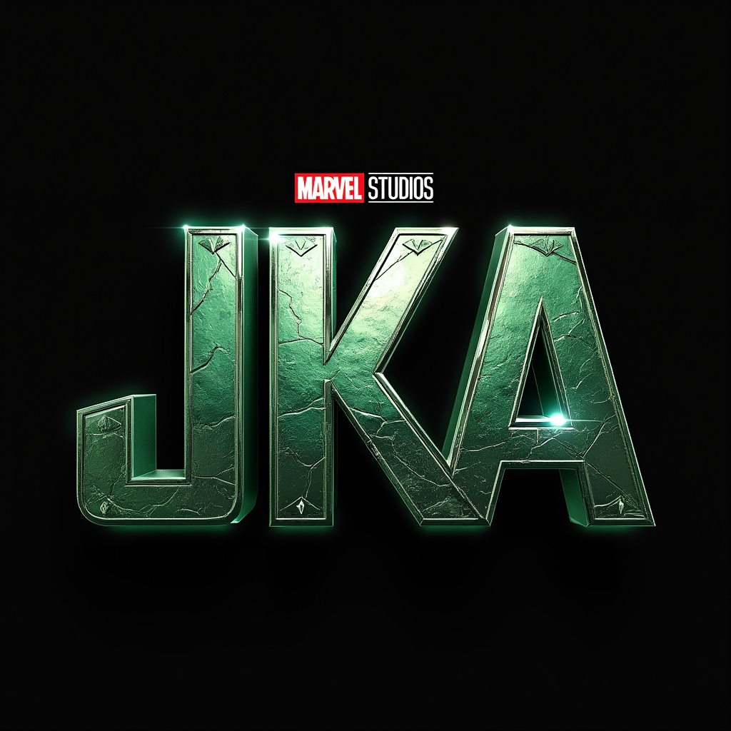 AI generated image by FLUX.1-pro: "Create a movie poster title featuring the text 'JKA' in the style of the 'Avengers: Doomsday' logo. The text should be bold and metallic, with a greenish hue and lighting effects that give it a three-dimensional appearance. The background should be completely black to enhance contrast and visibility. Include the 'Marvel Studios' logo at the top in its standard design."
Hmm, that seems simple, but maybe I need to be more specific about the design elements.
Let me think about the "A" in Avengers. It's stylized with a circle around it, which is iconic. However, "JKA" doesn't have a natural shape like that. Maybe I can incorporate some design elements around the letters to make it more dynamic.
Alternatively, perhaps I can use the same stylized "A" and modify the other letters to fit the style.
Wait, but the task is to replace "Avengers" with "JKA," so I need to ensure that the new letters fit the overall design language.