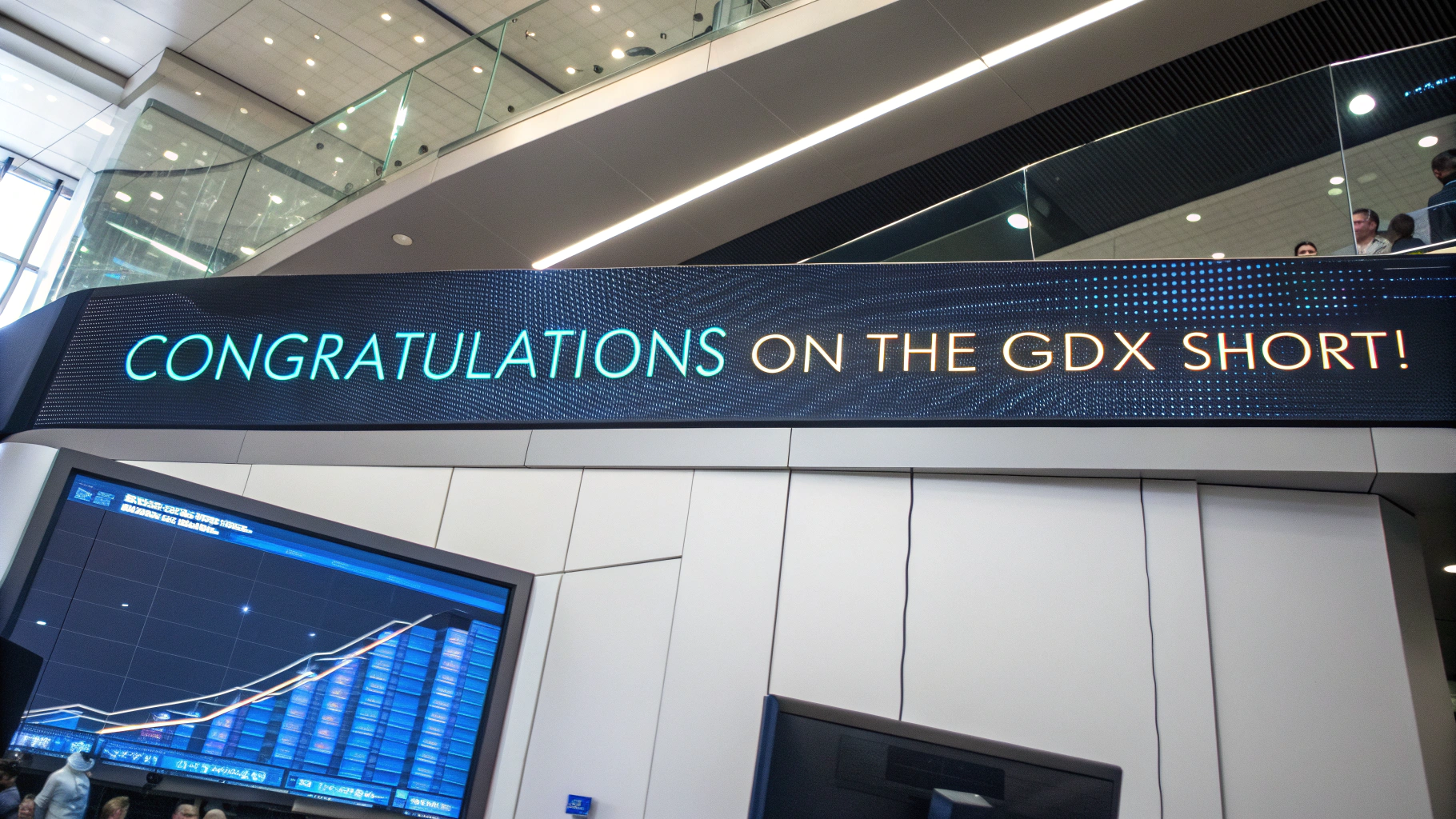 AI generated image by Red Panda AI: text reads: "Congratulations on the GDX Short!" this is a high-tech news ticker style announcement.