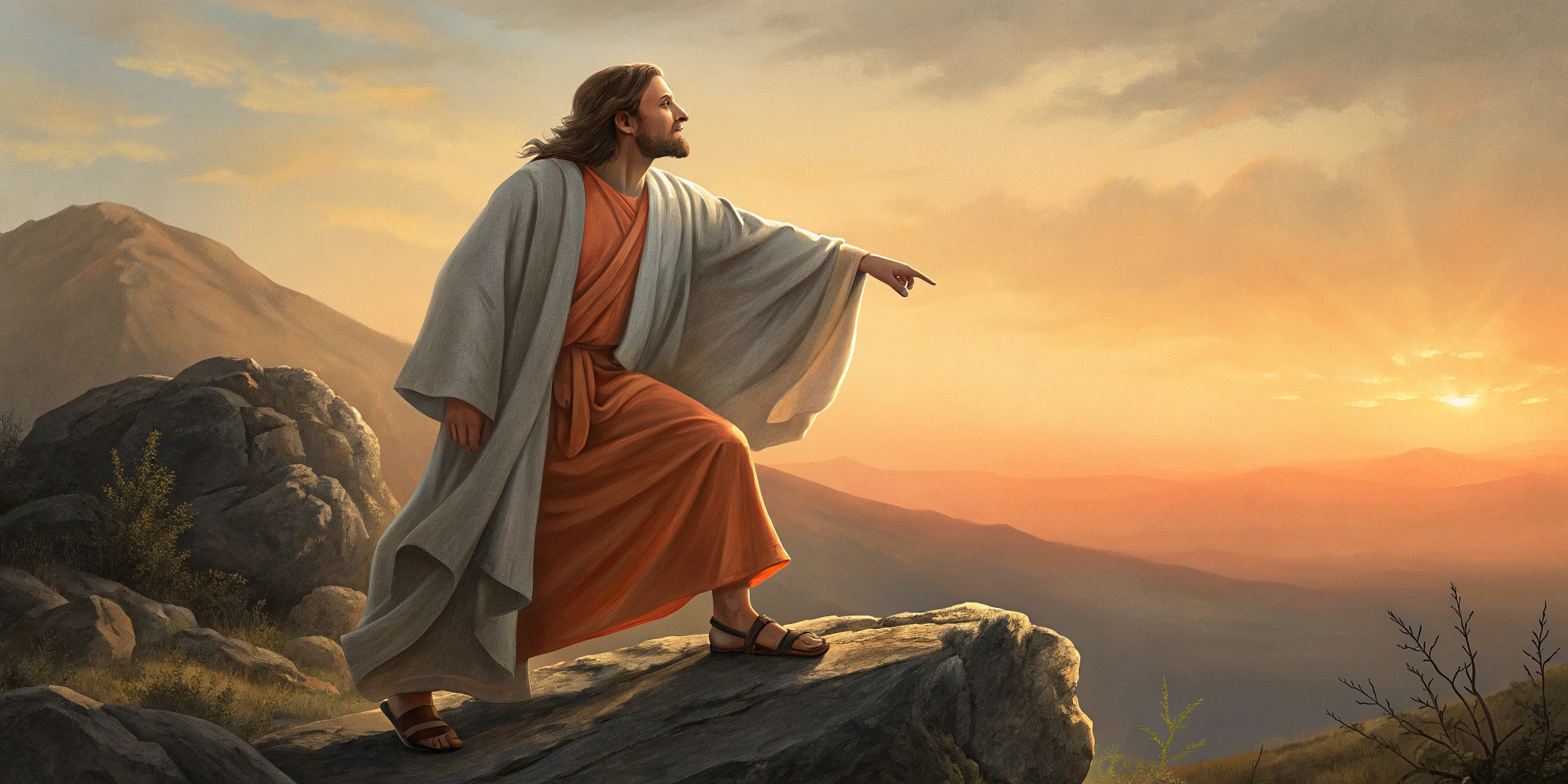 AI generated image by Red Panda AI: jesus parado sobre una roca, arriba de una montaña, con una túnica gris muy claro, debajo un vestido naranja, con la mano izquierda abriéndose la túnica , no señanaldo nada, sino que su mano abre lentamente su túnica como para introducir su mano e un bolsillo,una sonrisa, cabello suelto ,la cabeza levemente inclinada si oreja como tocando su hombro izuierdo, atras a sus espaldas un atardecer naranja