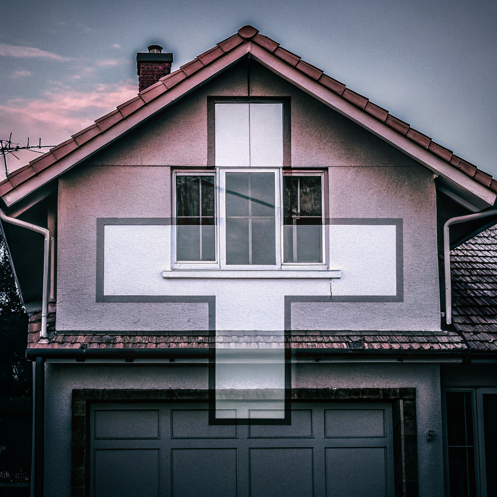 AI generated image by Red Panda AI: A minimalist line art icon of a house with a plus symbol, single continuous stroke style, suitable for UI design