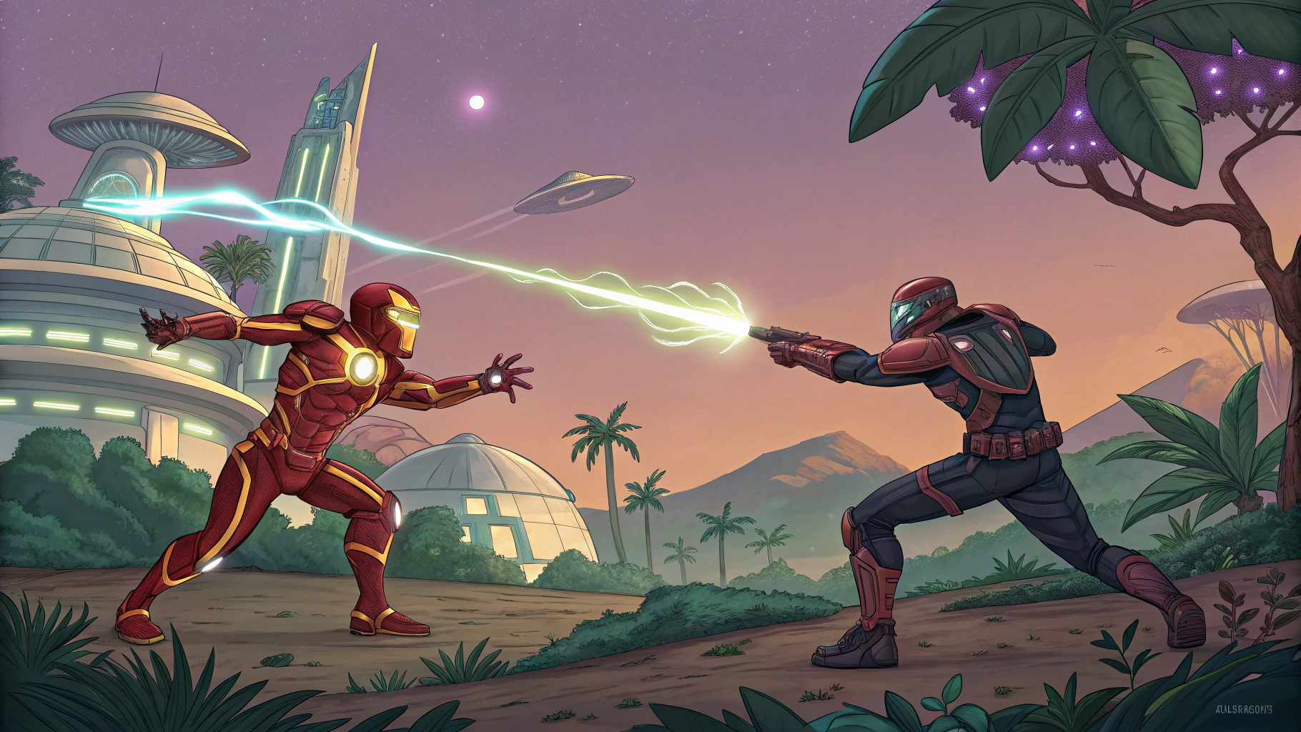AI generated image by Red Panda AI: superheroes in action from another planet