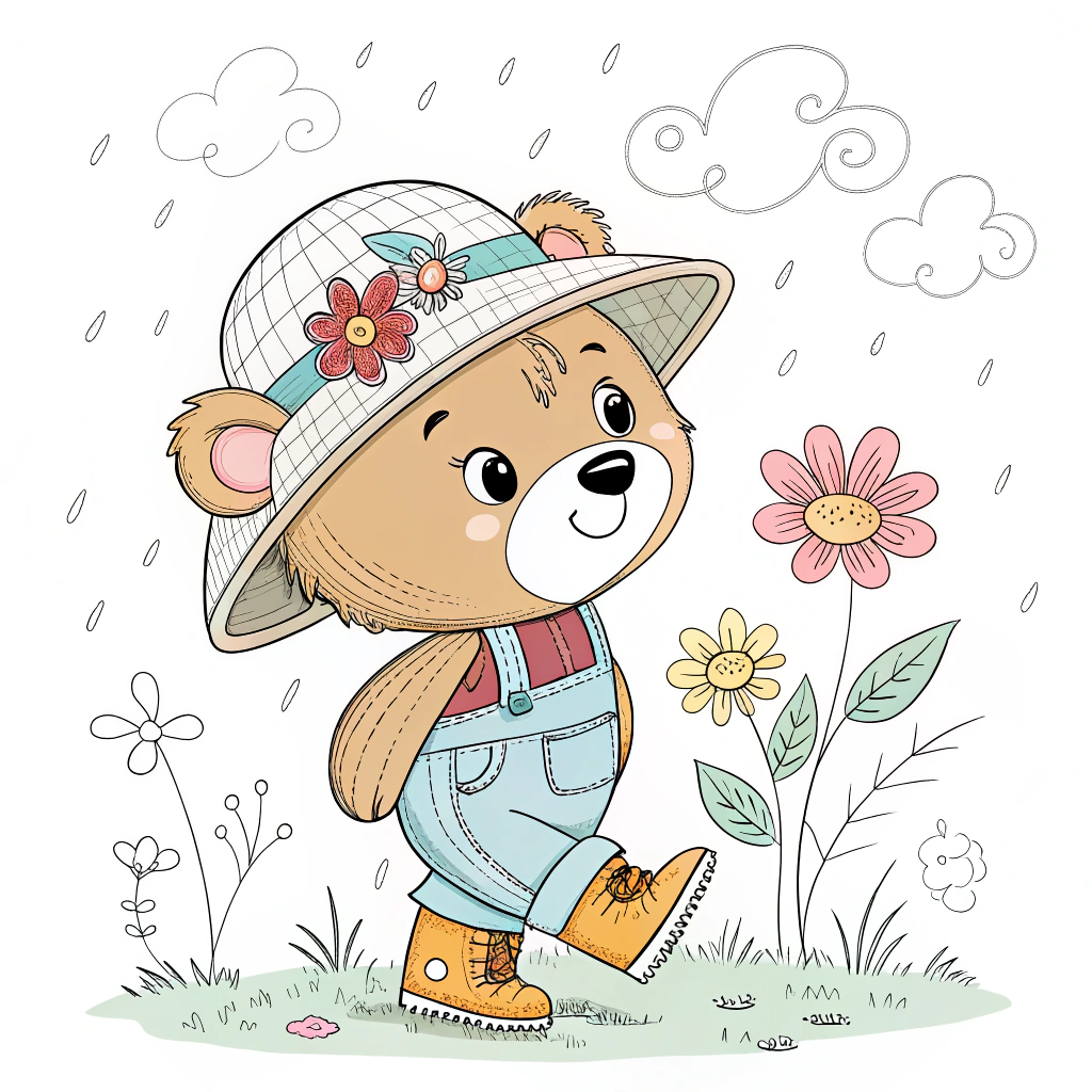 AI generated image by Red Panda AI: Cute little bear, with a hat and a flower in his hat, with boots, coloring picture