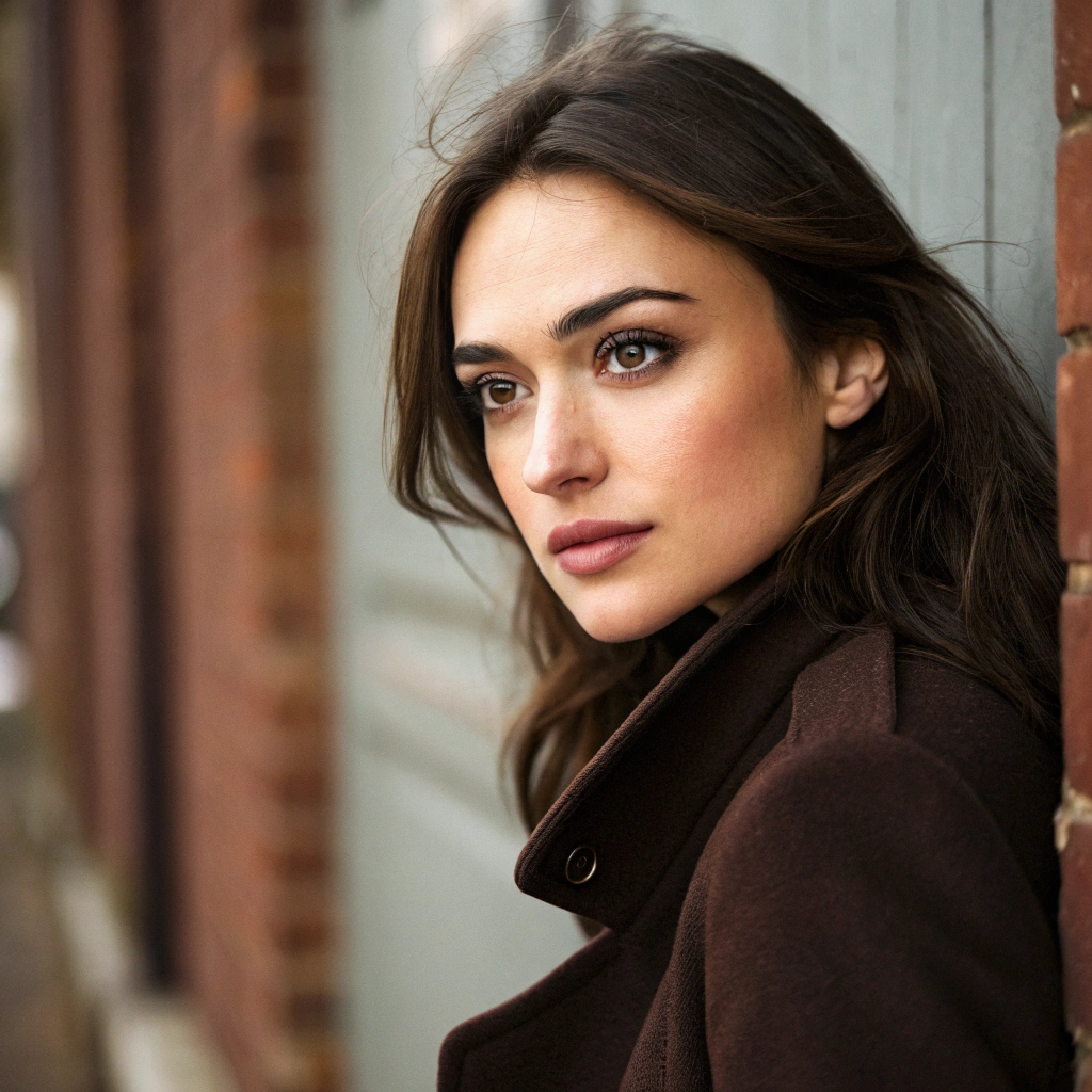 AI generated image by Red Panda AI: A close-up portrait of a 30-year-old elegant woman with fair skin. She has brown eyes and wears dark brown hair. The woman is wearing a dark brown coat. The background is blurred and contains a brick wall and a door