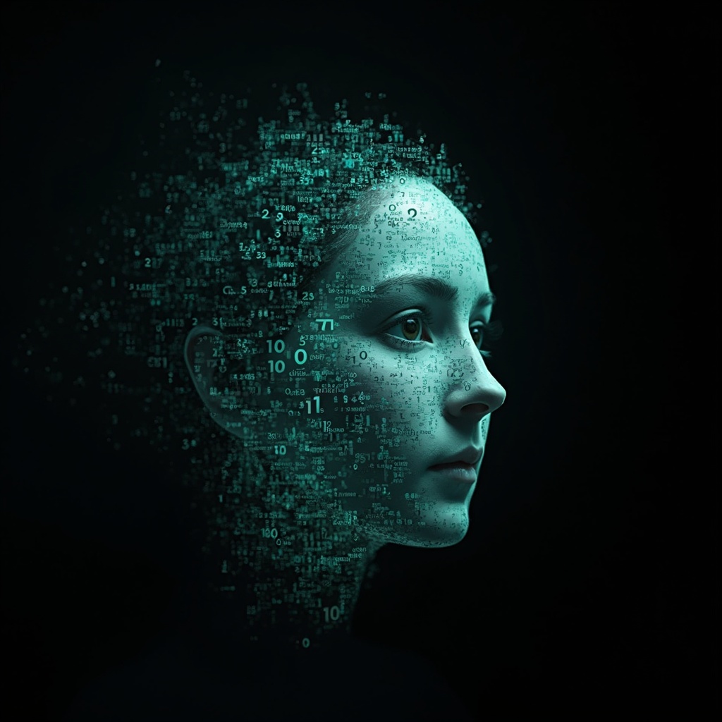 AI generated image by FLUX-Realism-Lora: Ada Lovelace's face as a digital mask made from thousands of turquoise numbers and formulas forming her face. the formulas and numbers fly behind the mask leaving a trail of complexity. the mask is floating dynamically in mid air. her head is turned to the right but his eyes are looking directly into the camera. the mask is on a black background. like a png with black only background. photo realistic, sci-fi, human features hair