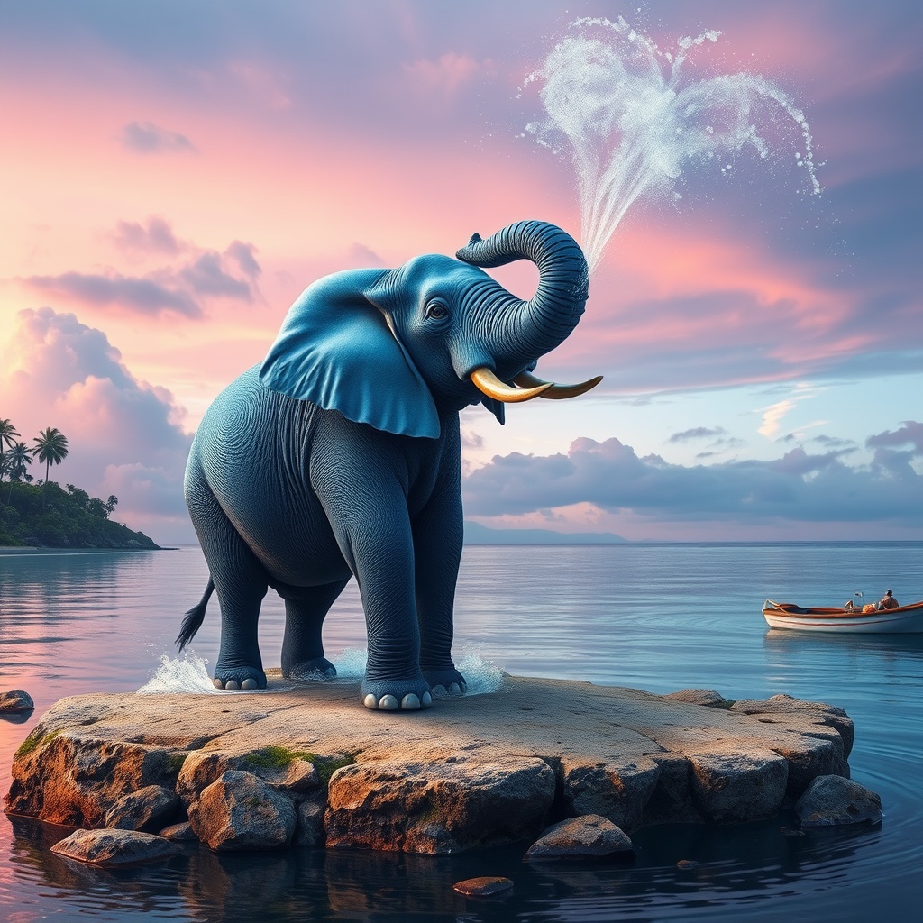 AI generated image by FLUX.1-schnell: Ein blauer Elefant steht auf einer Insel mit einer Kokosnusspalme und spritzt Regenbogenwasser
