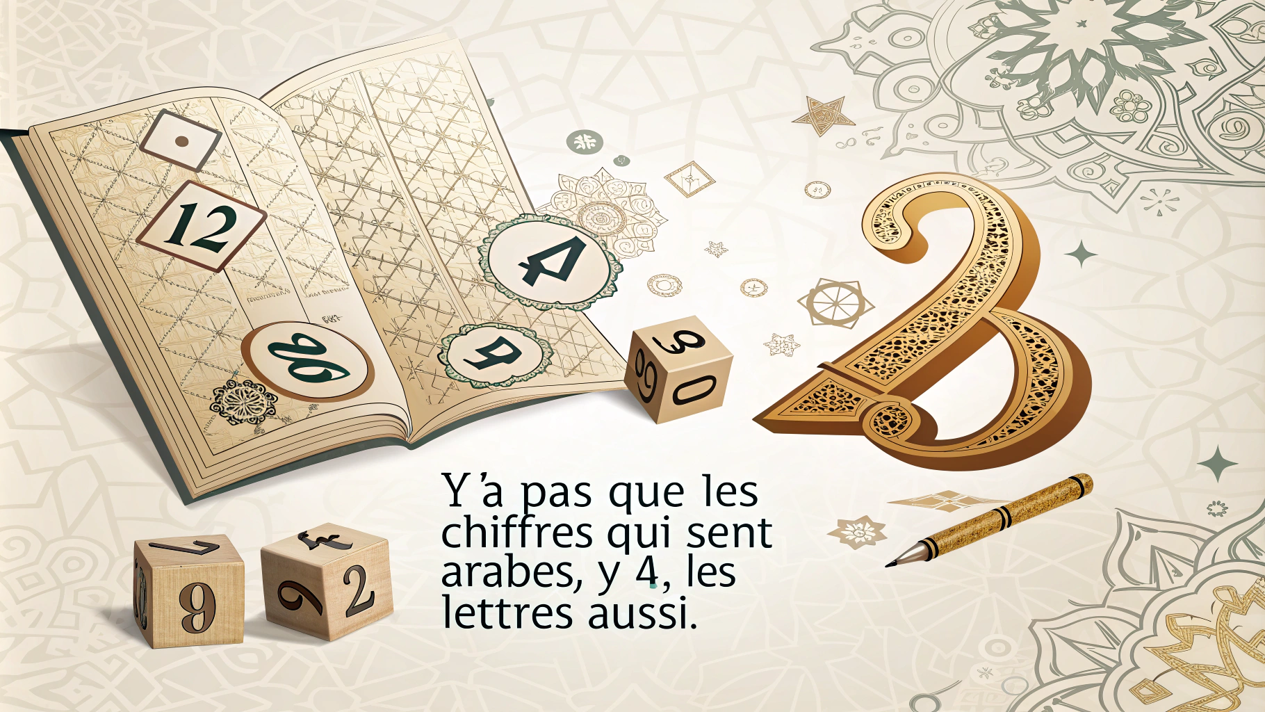 AI generated image by Red Panda AI: A thought-provoking scene capturing the essence of Arabic contributions to language and numbers. The background features classical Islamic geometric patterns subtly blended with Arabic letters and numerals, symbolizing the historical contributions of the Arabic world. In the foreground, Arabic numerals and letters are artistically interwoven on an ancient manuscript or scroll, emphasizing the phrase 'Y'a pas que les chiffres qui sont arabes, y'a les lettres aussi.' The scene feels timeless, educational, and reflects a deep appreciation for Arabic culture's impact on global language and mathematics.