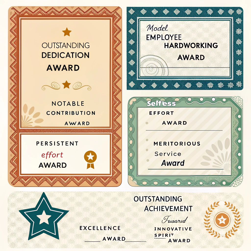 AI generated image by Red Panda AI: 設計頒發獎狀,其中包含:卓越奉獻獎
辛勤耕耘獎
杰出貢獻獎
默默付出獎
傑出成就獎
不懈努力獎
勞苦功高獎
優秀表現獎
心力創新獎
模範員工獎