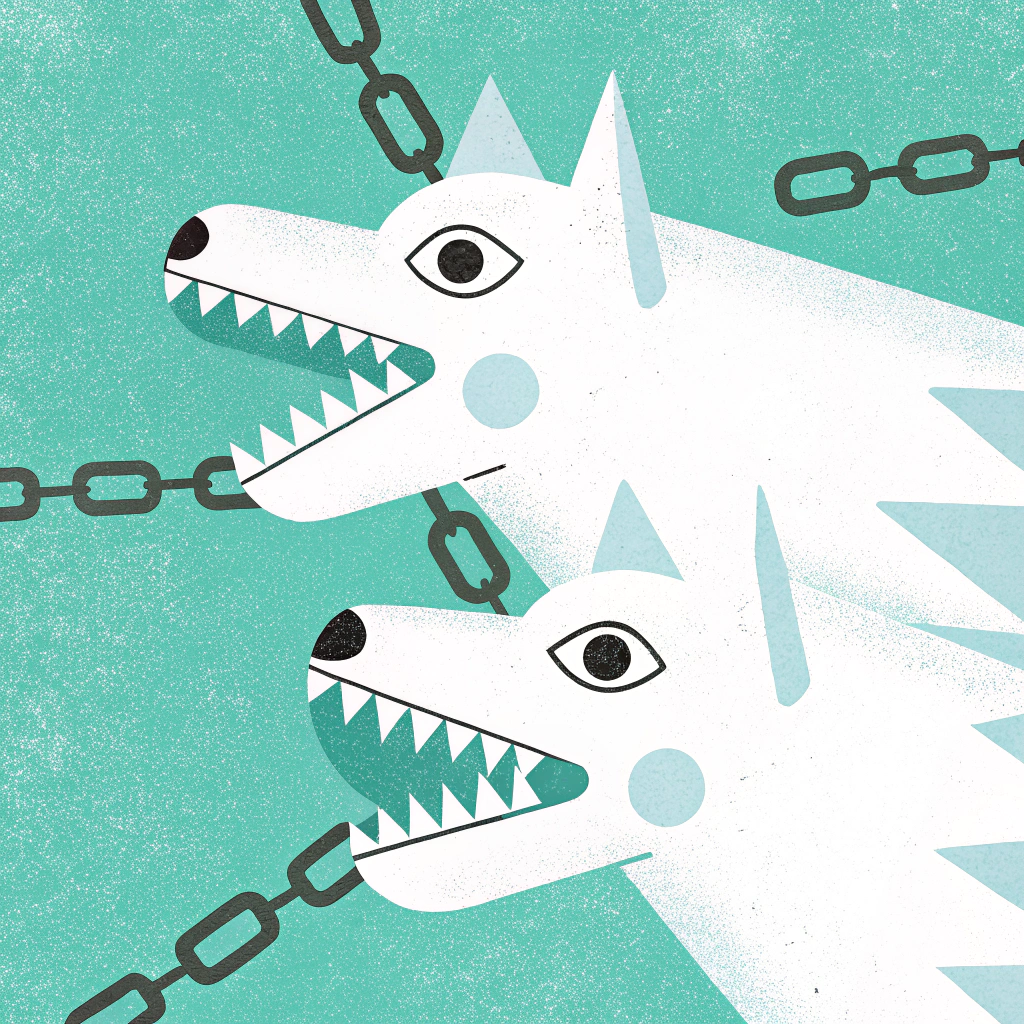 AI generated image by Red Panda AI: Cabeza de cerbero de la mitologia griega, mordiendo sus cadenas