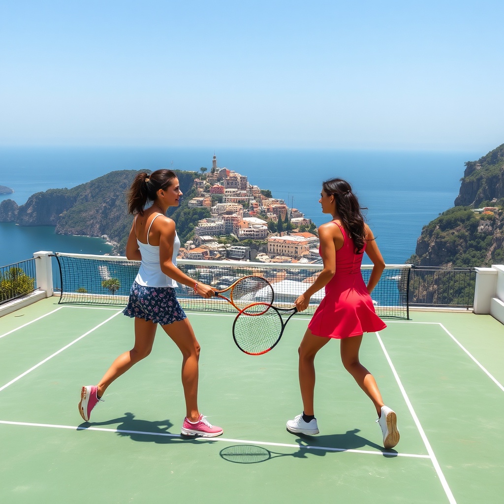 AI generated image by FLUX.1-schnell: Exactly 2 women playing tennis (not discussing or doing something else), on a tennis court located on a spacious, tiered terrace of a luxury villa in Positano or Ravello, overlooking the Amalfi Coast, Italy.
The View: The entire coastline would be the backdrop. Players would look out over the vibrant, pastel-colored villages clinging to the cliffs and the endless, shimmering turquoise of the Tyrrhenian Sea.