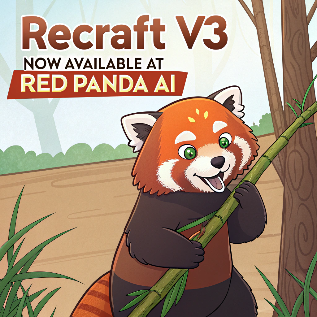 AI generated image by Red Panda AI: a red panda eating a bamboo in front of a poster that says "recraft V3 now available at red panda ai
