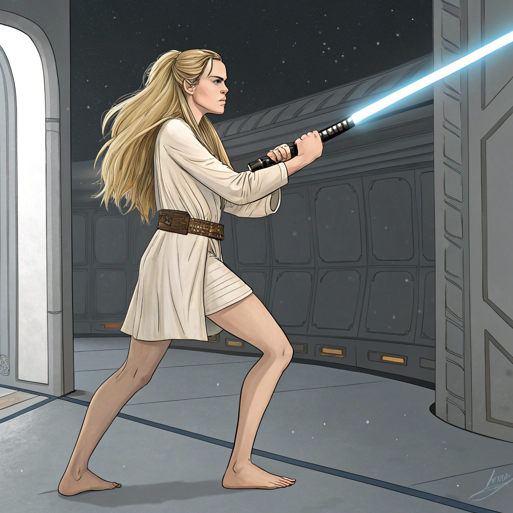 AI generated image by Red Panda AI: Joven rubia de pelo largo desnuda. Con las piernas desnudas y una espada laser de las guerras de las galaxias. De fondo el interior de la estrella de la muerte