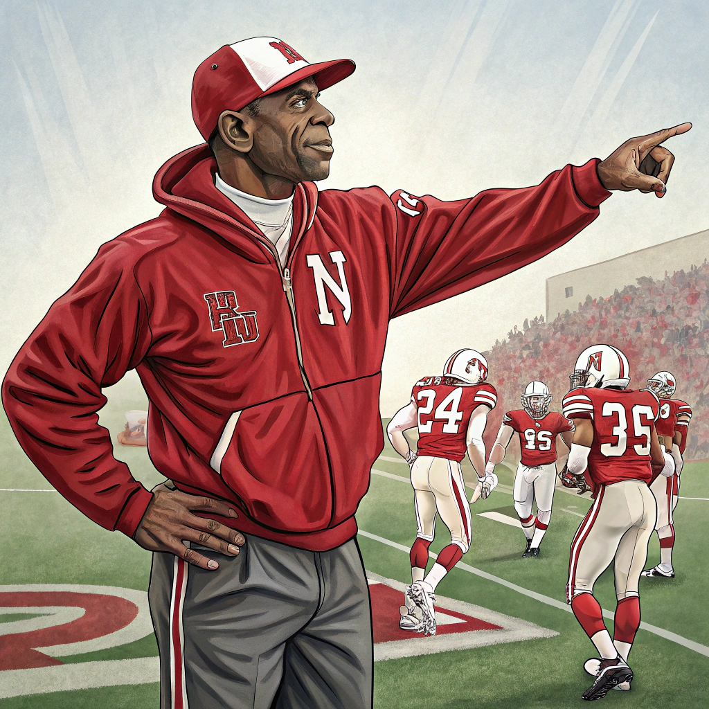 AI generated image by Red Panda AI: deion sanders as coach for the nebraska cornhuskers