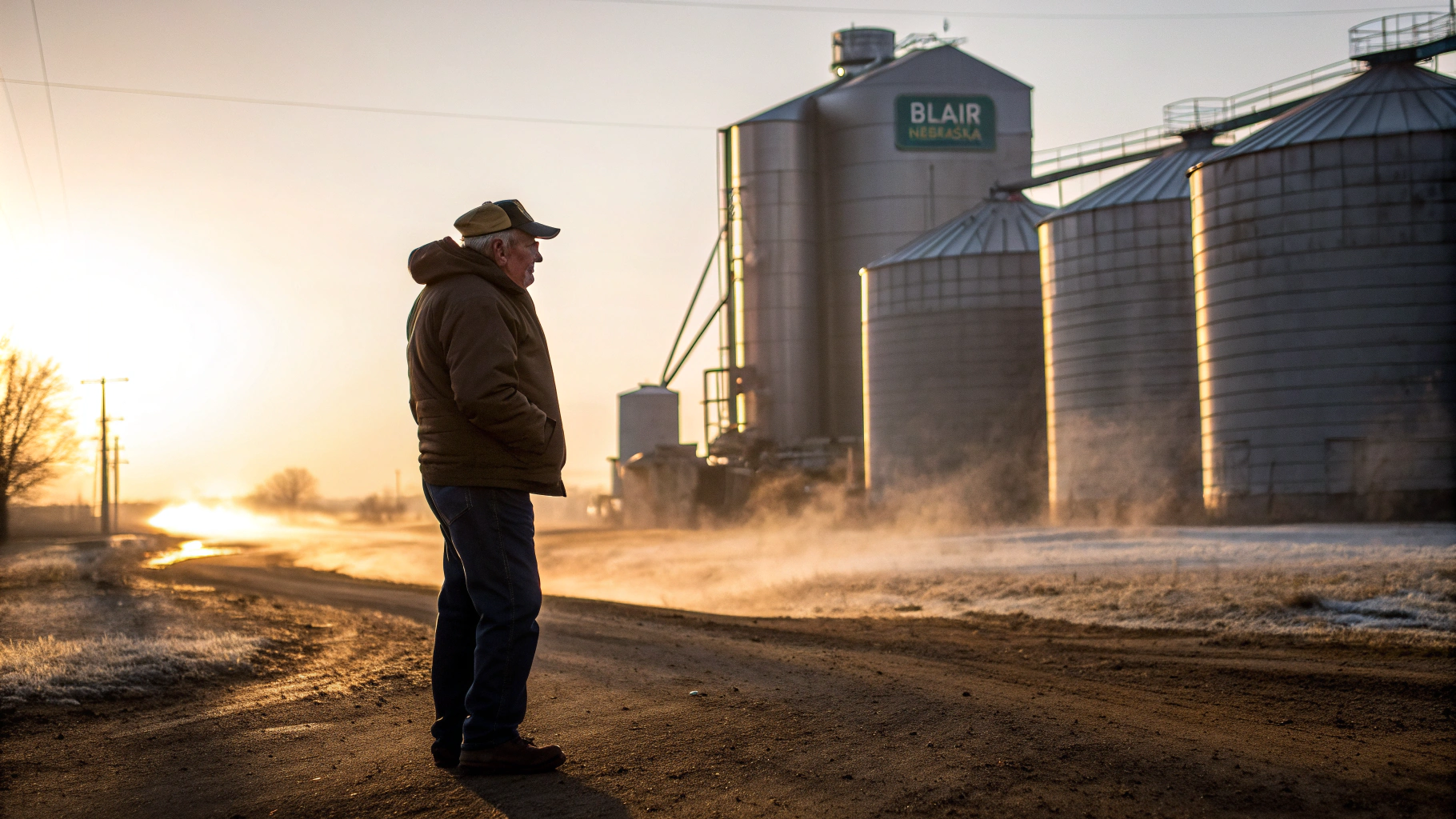 AI generated image by Red Panda AI: A weathered Nebraska farmer stands contemplatively against massive grain silos at dawn, soft golden morning light casting long shadows, sign says "Blair Nebraska" on grain elevator in background, mist rising, photojournalistic style, depth of field, Canon 5D, 50mm lens, dramatic lighting, rural America, award winning Reuters photo --ar 16:9 --style photographic